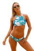 Green Tropical Leaf Print High Neck Tankini Bathing Suit